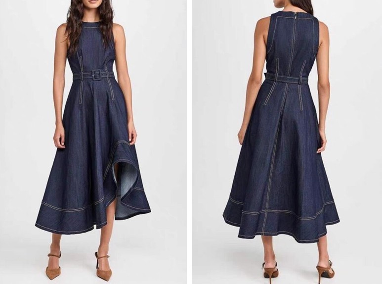 Women Cinq A Sept Cotton Round Neck Denim A-line Tank Midi Dress