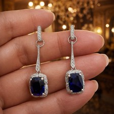 Blue Sapphire Drop Earrings 925 Sterling Silver Cushion Halo Dangle Elegant