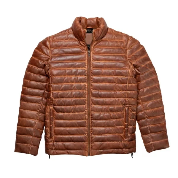 Quilted Dual Tone Tan and Brown Leather Puffer Jacket