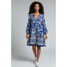 Zara Womens M Blue White Abstract Print Viscose Mini Dress Long Sleeve Boho