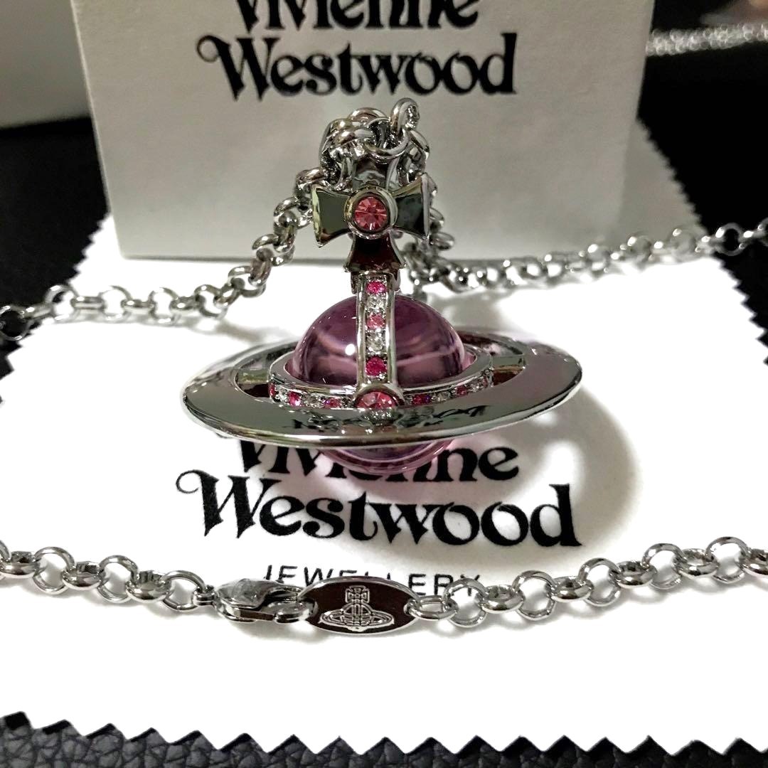 Vivienne Westwood Necklace Small Orb Silver Pink IN BOX Chain 80cm