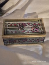 Vintage Mirrored Glass Trinket Box Gold Gilt Jewelry Box Stained Glass Style
