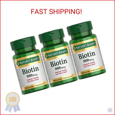 Nature's Bounty Biotin 1000 mcg Tablets, Strawberry, 100 Count, Pack of 3