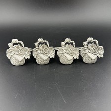 Vintage Pewter Flower Basket Napkin Rings Set Of 4 Floral Rose Daisy Bow Cast