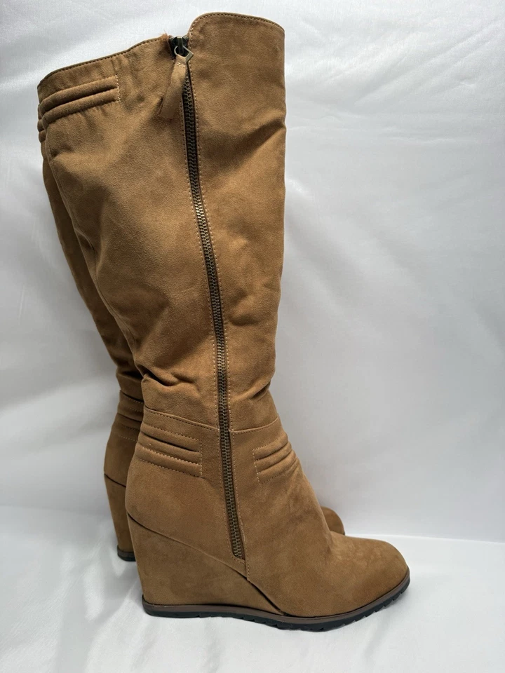 Nicole Women’s Knee High Wedge Boots Faux Suede Side Zip Tan Brown S8 - Image 2 of 4