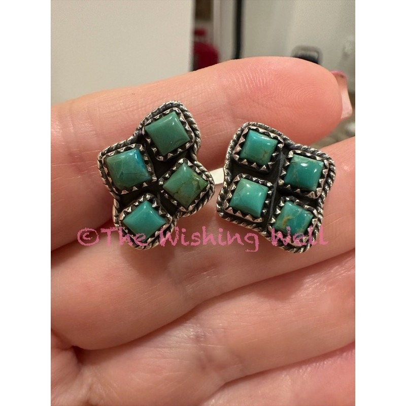 Kingman Turquoise Greenish Blue Cluster Earrings Sterling Silver 925