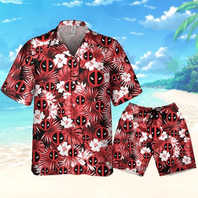 Deadpool Symbol Summer Floral Vacation, Deadpool Superhero Button Up Size S-5XL