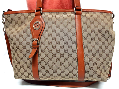 グッチ 2WAY ショルダーバッグ オールド イエロレザー 282346 GUCCI GG MONOGRAM KHAKI JACQUARD 2 WAY TOTE SHOULDER HANDBAG