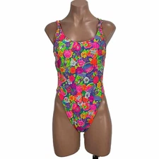 Vintage OP Ocean Pacific One Piece Very High Cut Swimsuit Womens L 90s 80s NEON