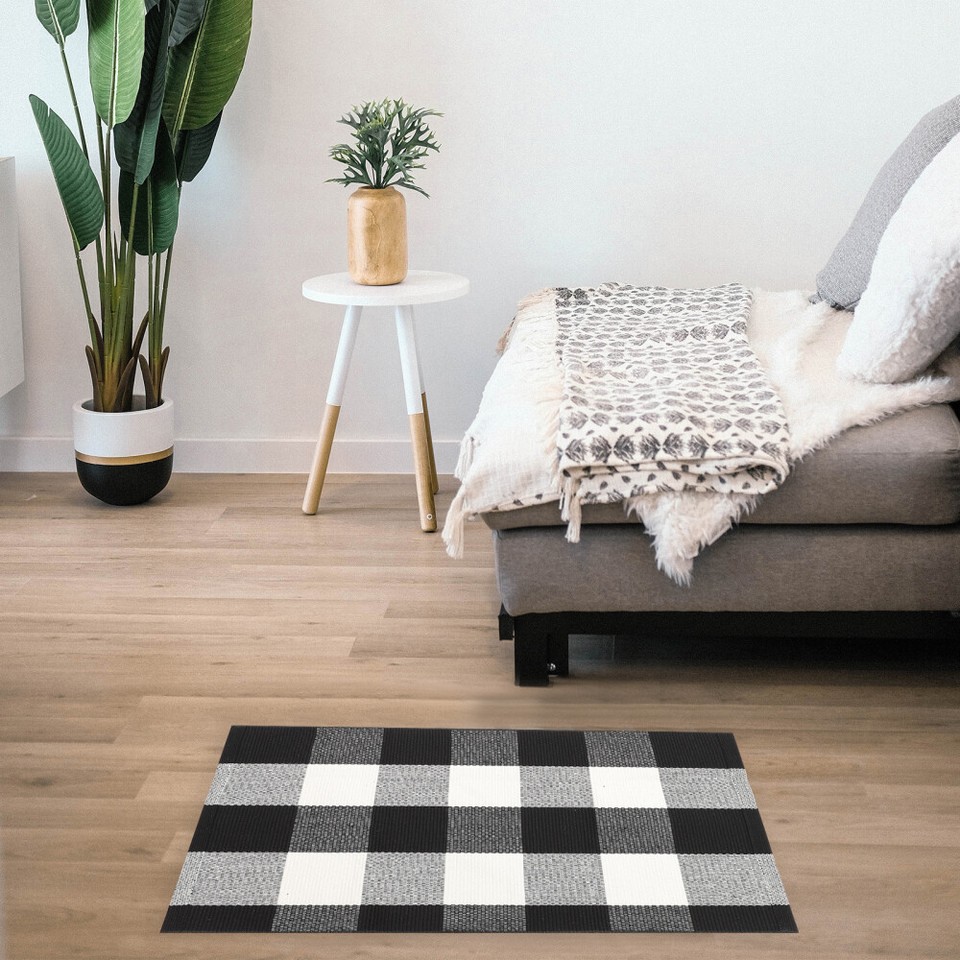 Bathroom Carpet Checkered Rug Front Door Outdoor Black and White eBay