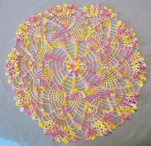 Amazing Color Vintage 13"  Hand Crocheted LILAC & YELLOW Centerpiece DOILY