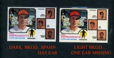1973 TOPPS #449 ASPROMONTE INDIANS MANAGER + COACHES SPAHN ERROR VARIATION PAIR