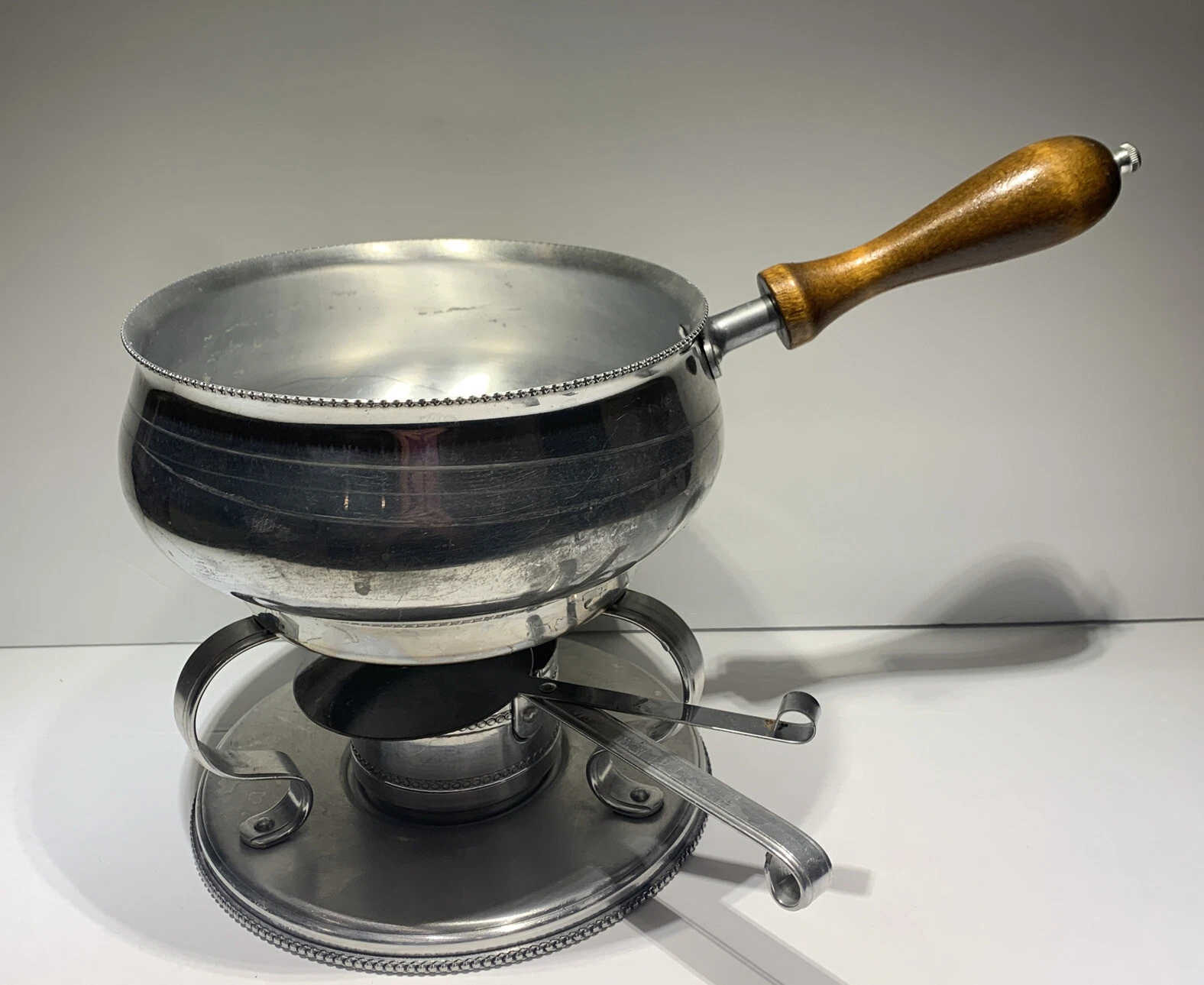 Fondue Set Mid Century Modern 1960s Stainless Steel Wood Handle Vintage Retro