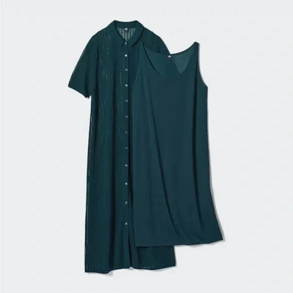Vestido Camisa UNIQLO Tejido Encaje Verde Capas Manga Corta Abotonada Línea A Midi L Foto 4 de 4