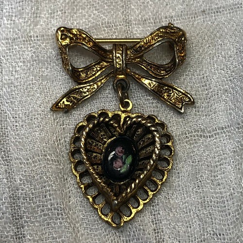 Bow Heart Dangle Brooch Pin Goldtone