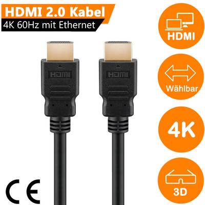 HDMI Kabel 1.4 - 2.0 High Speed mit Ethernet 4K UHD HD HDR Vergoldet Schwarz