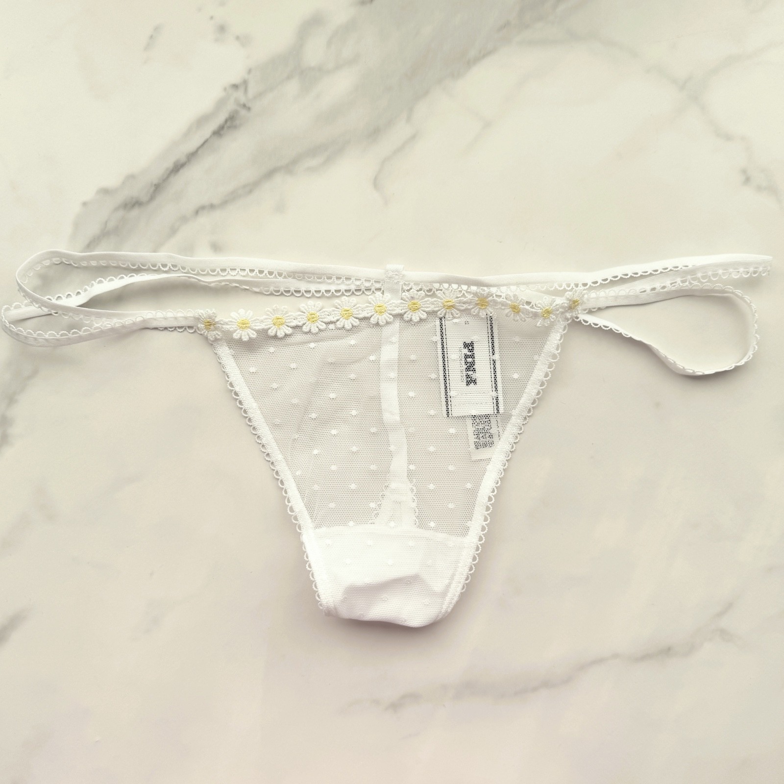 PINK Victoria's Secret Wink Strappy Dot Mesh V-String Panty White SZ S/M/L/XL