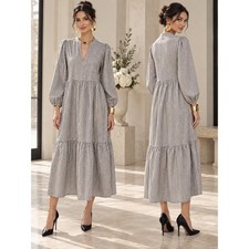 A New Day Size S Charcoal Striped Tiered Midi Dress Cotton Modal Balloon Sleeves