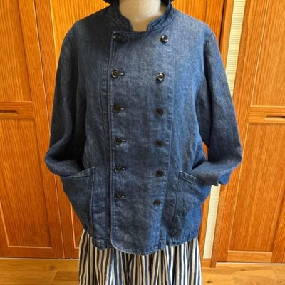 ICHI Antiquites Blue 100%  Linen Denim Pastry Chef Jacket Size L  Made in Japan