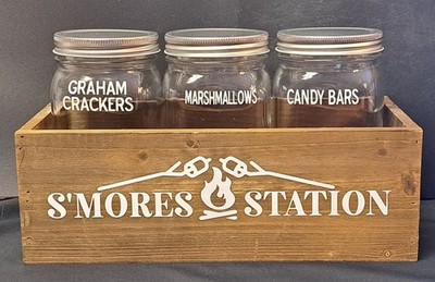 S'mores Station Wooden Caddy with 3 Glass Jars & Lids - Rustic Coffee Bar Decor