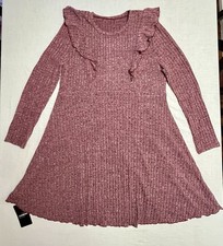 Fashion Women's Mauve Plus Size 2XL Ribbed Knit Ruffled Swing Dress Long Sleeves