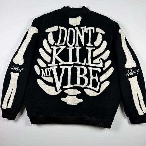 Rebel Minds Don't Kill My Vibe Skeleton Bones Melton Varsity Men Jacket XL image 18