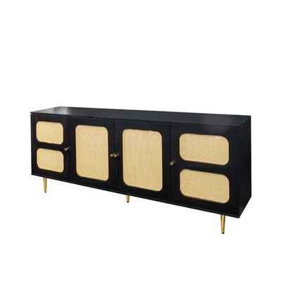 TV-Schrank TV-Lowboard Retro-TV-Möbel mit Rattanoptik Wohnzimmer Schwarz-braunes