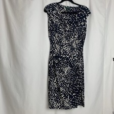 Lauren Ralph Lauren Dress Sz 6 Blue White Pattern Sleeveless Ruched V-Neck Pads