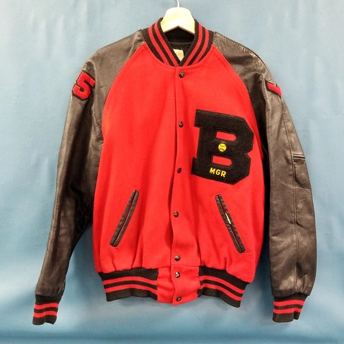 VTG Holloway Letterman Bomber Jacket Red/Black Varsity "B" Patch Sz 42 Baseball - Image 1
