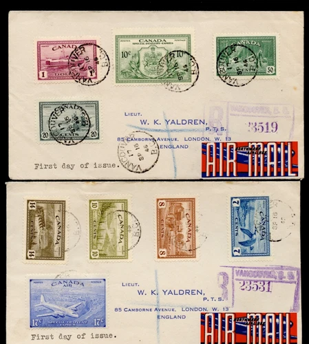 🍁2 covers PEACE ISSUE SET FDC up to $1.00 value 9 stamps Etiquette label Canada