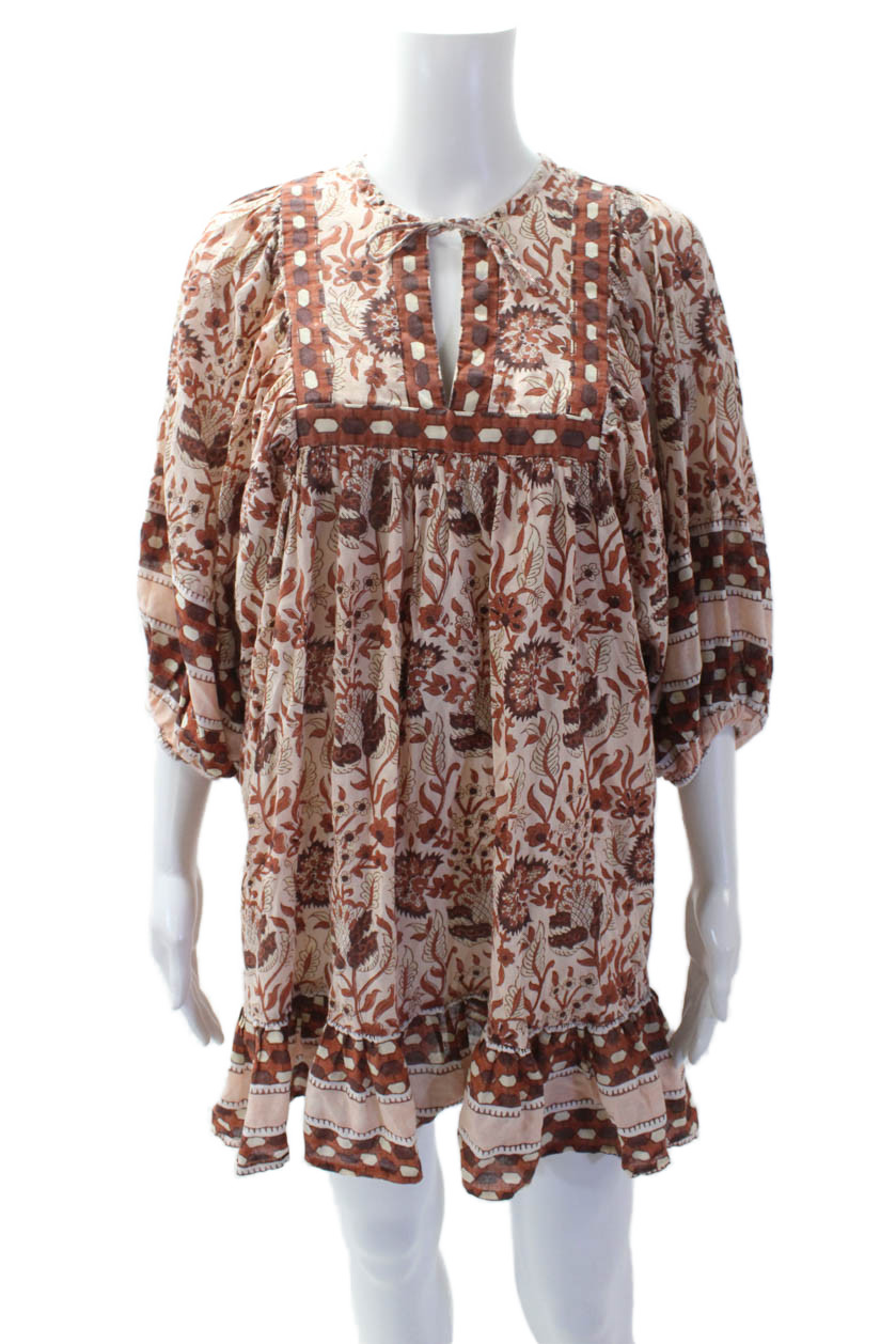 Cleobella Womens Cotton Floral V-neck Puff Sleeve Dress Brown Size XSFree Shipping in US $100+ Orders | $6.95 Orders Below
