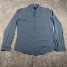 Hugo Boss Shirt Mens Large Blue Sharp Fit Long Sleeve Button Down Dotted Stretch