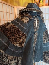 Vintage Wildleder Cape Poncho Kunstfell 38 40 Boho schwarz Leo