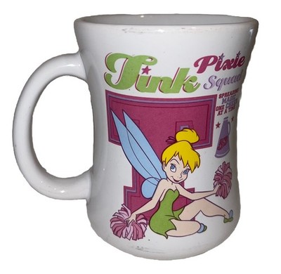 Vintage Disney Store Tinker Bell Coffee Mug Tink Pixie Squad Cheer Pink Green