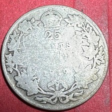 1919 Canada King George V SILVER 25 CENTS! WW1! Old Canadian Coin!