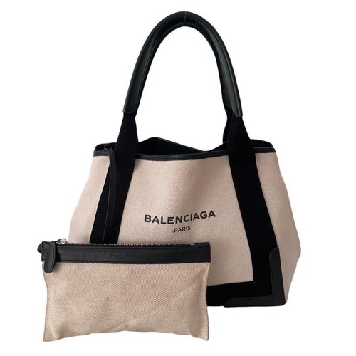 Balenciaga Cabas Tote Bag Off-White Black Canvas Leather Pouch 339933 From Japan