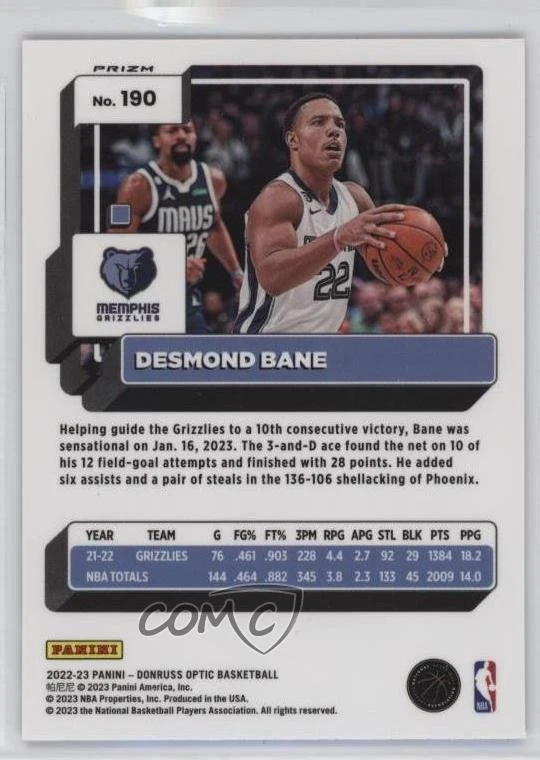 2022-23 Panini Donruss Optic Red Sparkle Prizm Desmond Bane #190 - Image 2 of 2