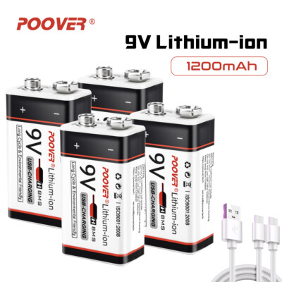 4 USB 9V Akku Li-ion 1200mAh Wiederaufladbar Rauchmelder Batterie 9volt Block