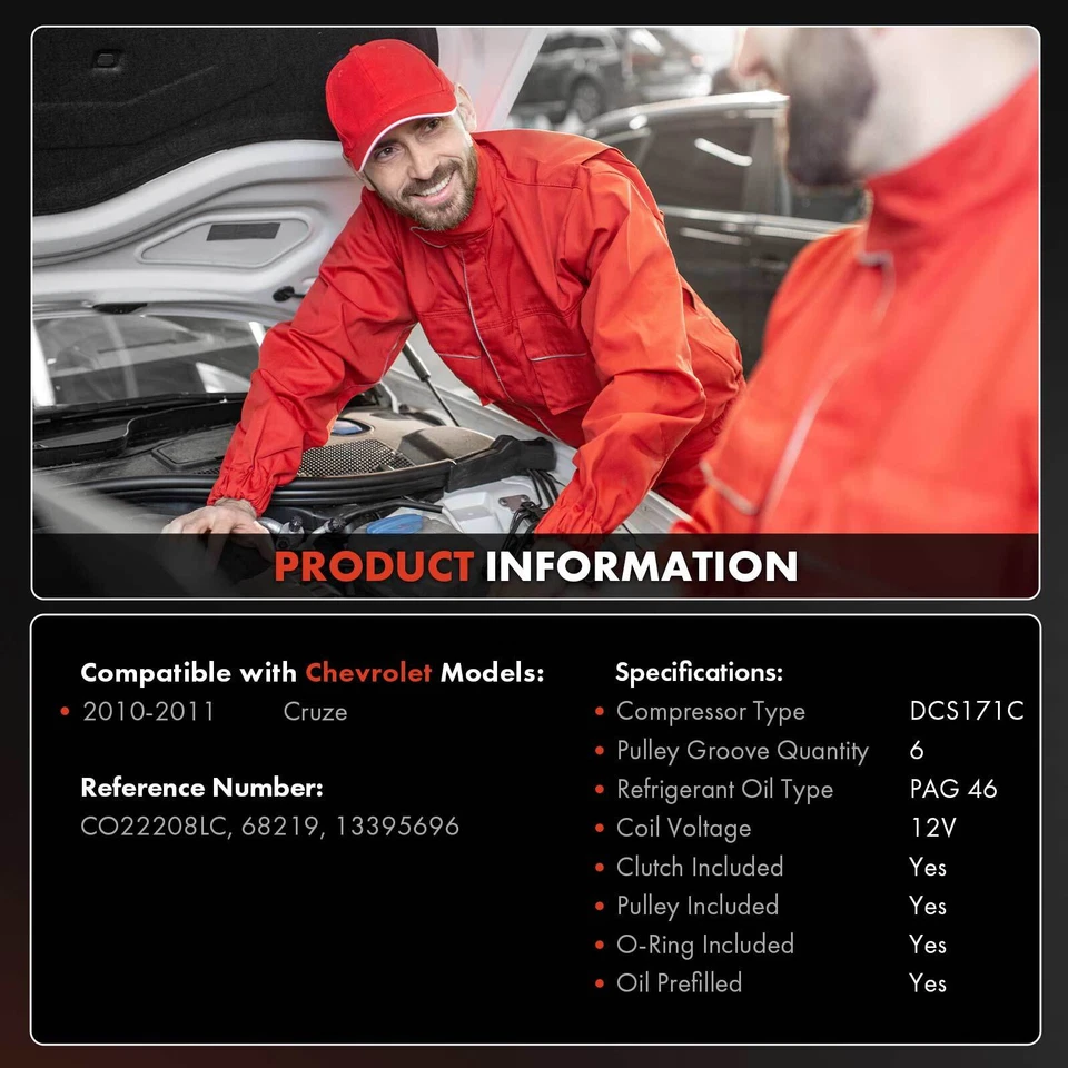 A/C Compressor w/ Clutch for Chevrolet Cruze 2010-2011 L4 1.8L 6-Groove 13395696 - Image 2 of 4