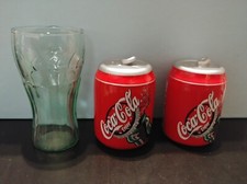 Coca Cola Salt & Pepper Set Coke Can Shakers 3.25&rdquo; Tall + Coca cola shot glass