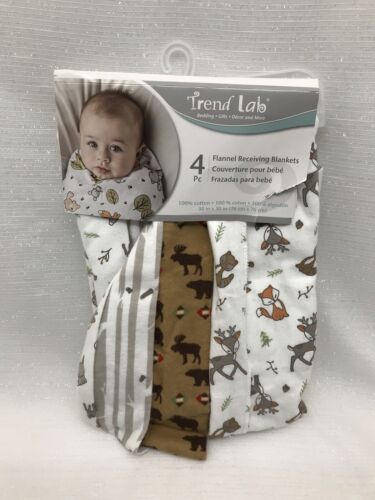 Trend Lab 4 Pack Flannel Receiving Blankets Baby Animals Fox Deer Moose Bunny - Picture 1 of 13