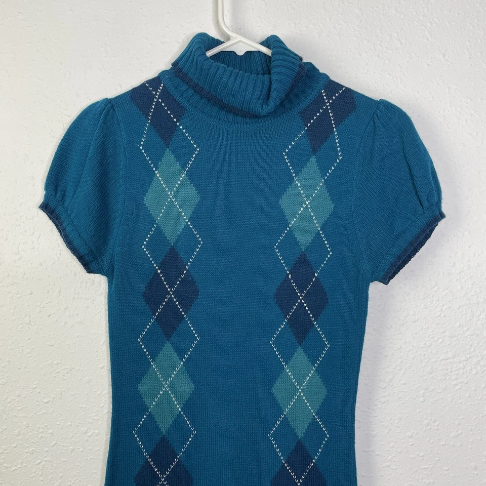 Vestido Suéter Derek Heart Para Mujer Azul Argyle Talla Med Manga Corta Cuello Alto Foto 2 de 4