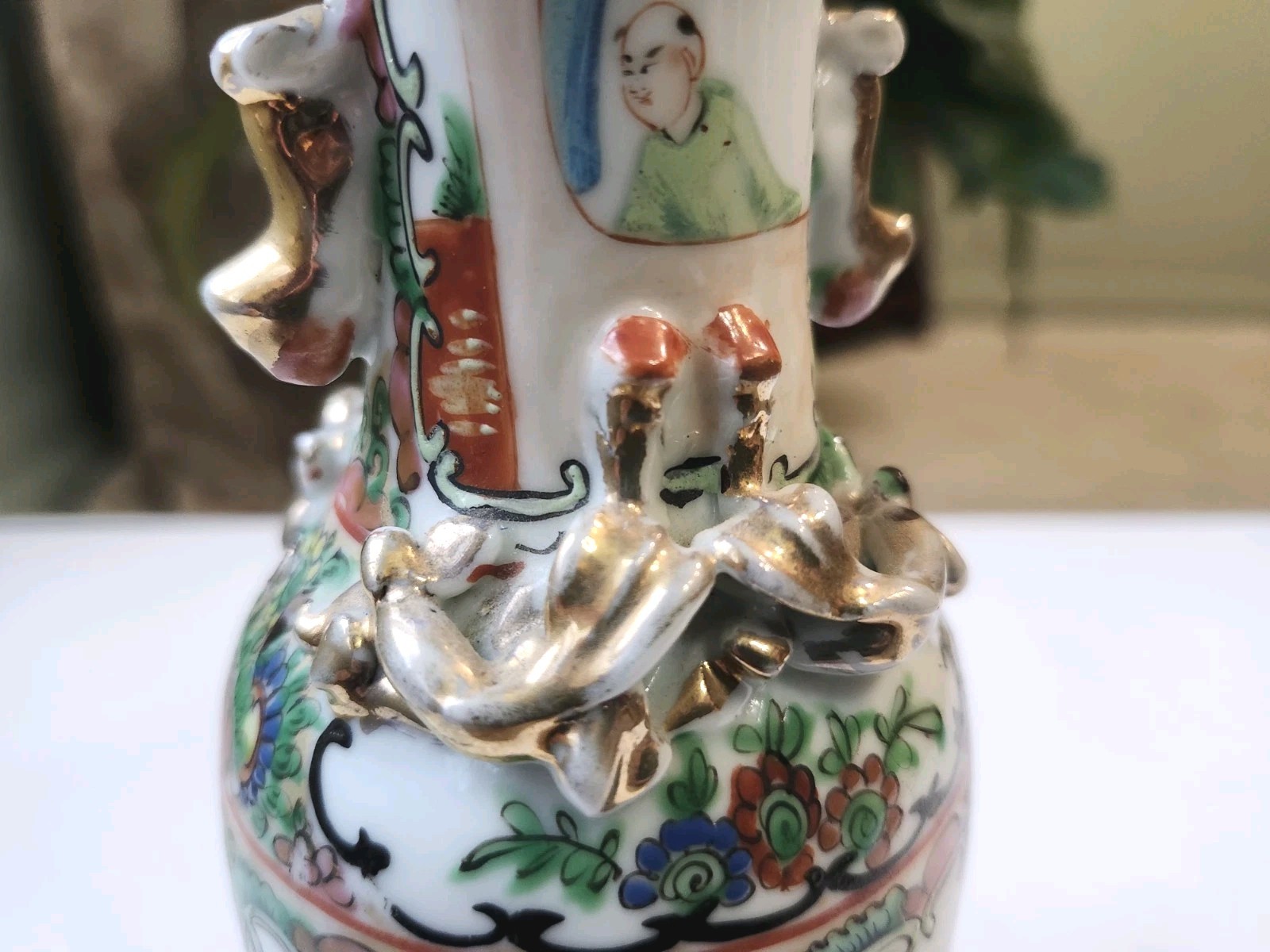 Antique Chinese Famille Rose Vase w/ Gilt Dragons 7.75" Hand Painted