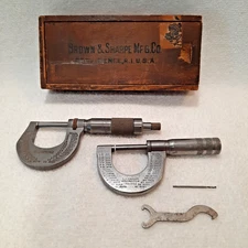 Antique Brown & Sharpe L.S. Starrett Micrometer #13 & #201 USA In Orig Wood Box