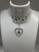 Silver Tone Heart Green Crystal Necklace Pendant And Dangle Earrings Set