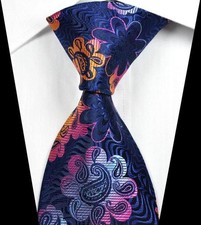 New Classic Floral Dark Blue Rose Orange Jacquard Woven Silk Men's Tie Necktie