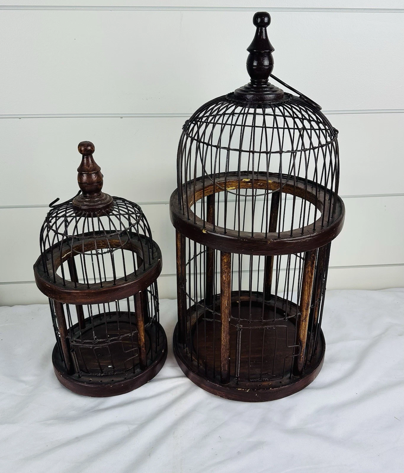 (2) Vintage Wood And Wire Bird Cage Hanging 18” & 13”
