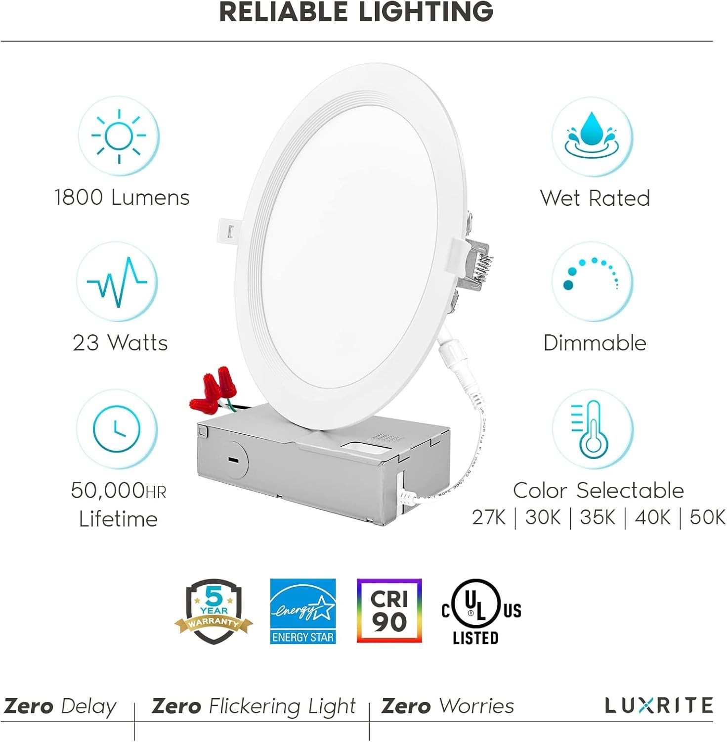 LUXRITE 8" 1800lm Ultra Thin LED Recessed Light 23W 5 Color Dimmable CRI90 S11