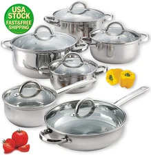 12 Piece Stainless Steel Cookware Set Pots and Pans Set for Kitchen Silver
