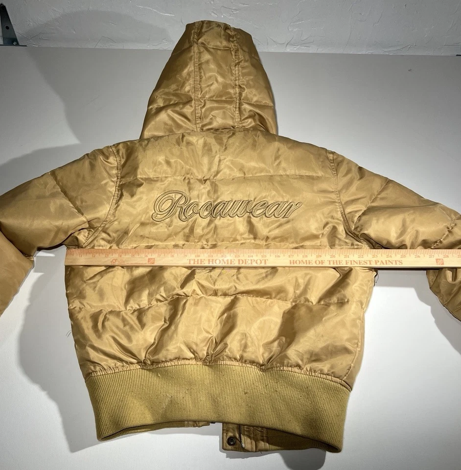 VTG Y2K Rocawear Jacket Women Large Gold Puffer Down Cropped Hood Fur 90s - Image 3 of 4